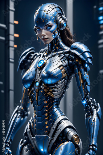 A blue female cyborg with dazzling blue eyes standing in a dark spaceship hallway.