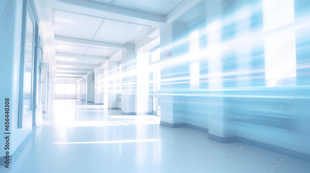Empty white and clean blurred hospital corridor, Generative AI