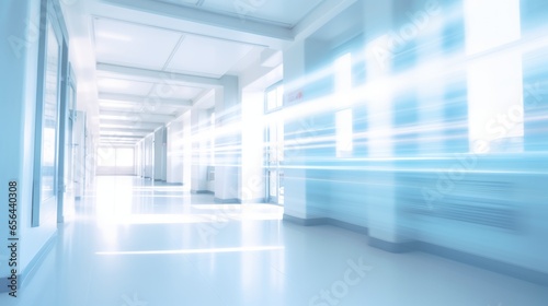 Empty white and clean blurred hospital corridor, Generative AI
