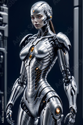 A female cyborg with shiny eyes standing in a dark spaceship hallway.