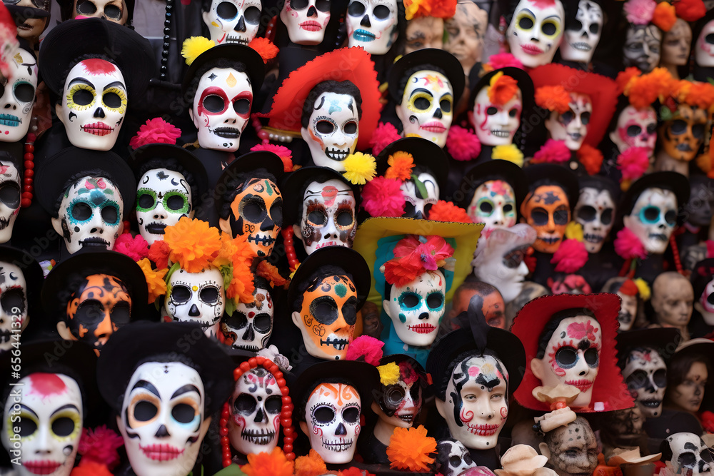 Death masks in Mexican holiday Dia de los Muertos