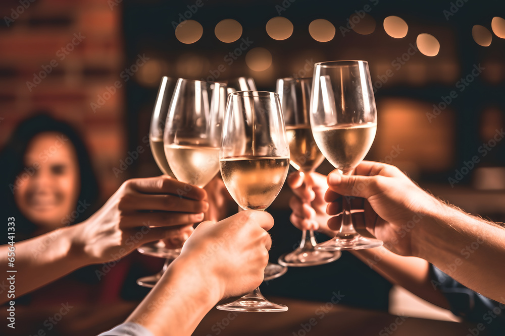 People clinking glasses with wine at restaurant People clinking glasses with wine at restaurant