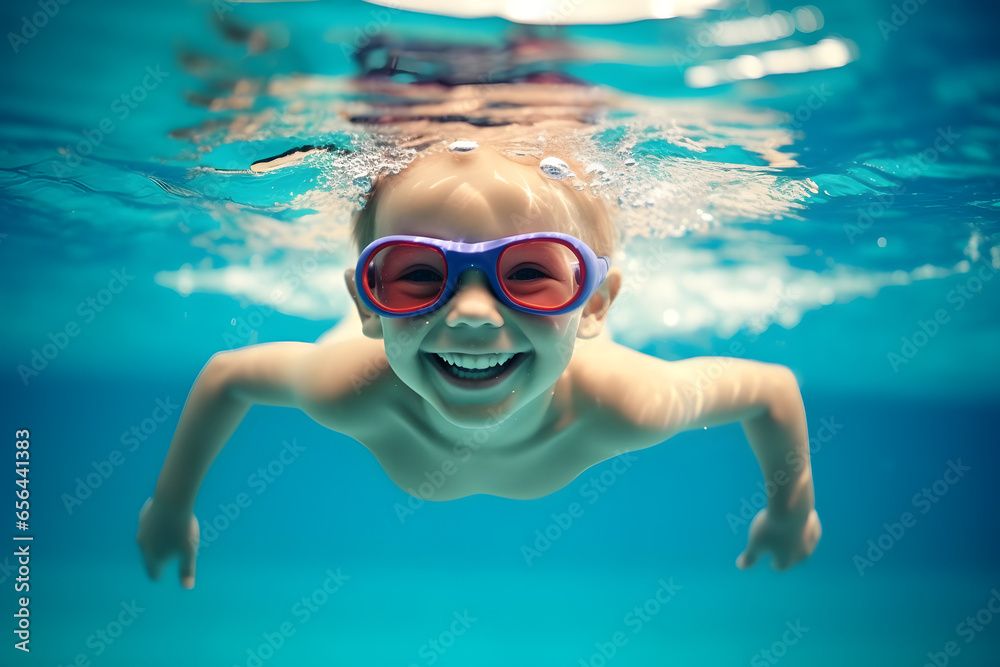 Naklejka premium Young boy with goggles swimming underwater in swimming pool