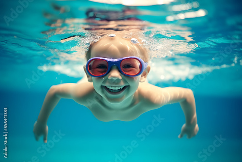 Young boy with goggles swimming underwater in swimming pool