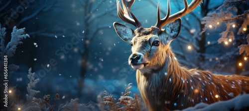 Festive snowy scene featuring snow-covered hills, a mountainous village, deer, woodland, pine trees, and reindeer. Seasonal natural backdrop with fox, elevations, and dwellings.