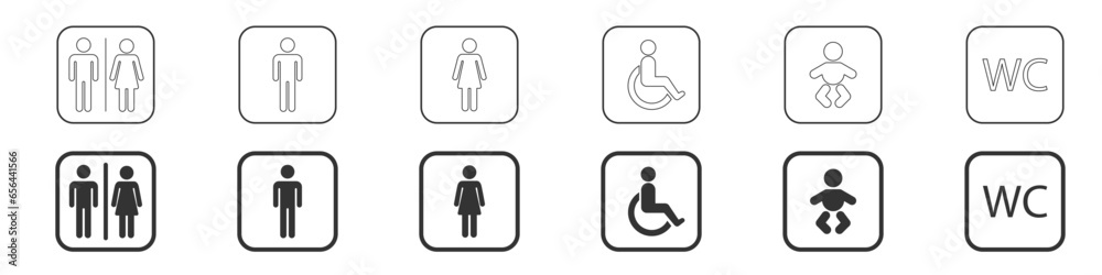 WC signs set. Toilet icons set, man and woman symbol. Toilet signs, WC signs on isolated background. Vector illustration EPS 10 WC signs set. Toilet icons set, man and woman symbol. Toilet signs, WC signs on isolated background. Vector illustration EPS 10