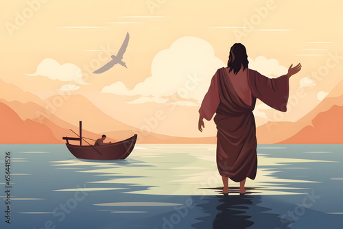 Jesus Christ walking on water across the sea towards a boat.