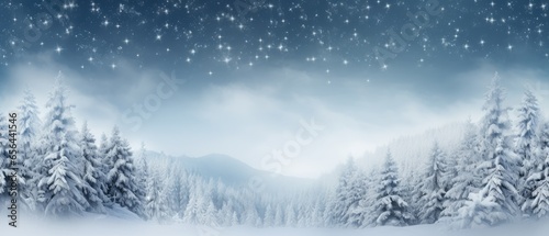 Christmas banner background, winter panoramic with snow-covered fir branches and snowfall flakes, Generative AI © Onchira