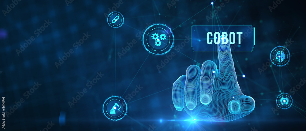 Industrial automation technology concept. Collaborative robot, cobot. 3d illustration Industrial automation technology concept. Collaborative robot, cobot. 3d illustration