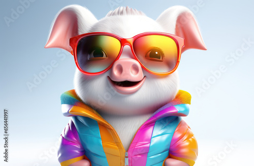 A sassy and vibrant pig adorned with sunglasses is depicted in a vibrant and playful illustration, ideally suited for imaginative and whimsical creations.