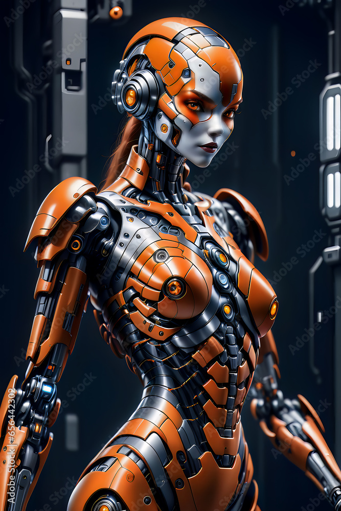 Fototapeta premium A orange female cyborg with delightfull eyes standing in a dark spaceship hallway.