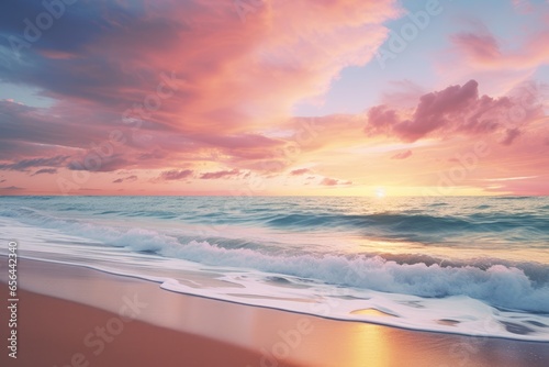 Panoramic nature landscape view of beautiful beach and sea. Inspire tropical beach with sunrise sky. Aerial top view background  drone photo backdrop of seascape horizon. Vacation travel banner