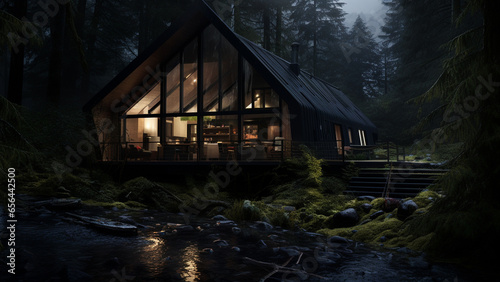 Spooky atmosphere of a mountain cabin in the moonlight