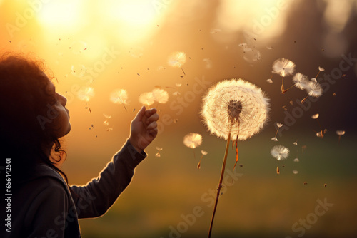 Make a wish, blowing flower, sunset, wish come true, visual metaphor, AI generated