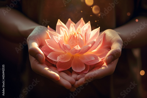 Flower in hand pink flower, pretty, offer, give, love, AI generated