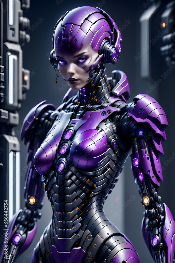 A purple female cyborg with cute eyes standing in a dark spaceship hallway.