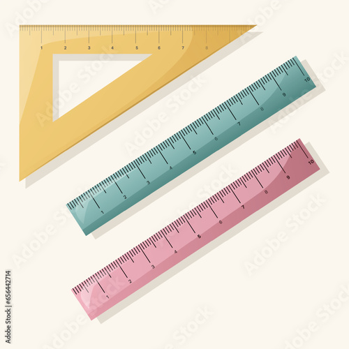 School rulers in green, pink and yellow. Set of vector illustrations. Office for study.
