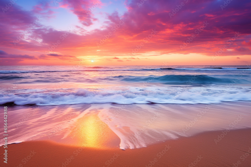 Sunset on the beach, magical colors, spectacular sunsets, AI generated