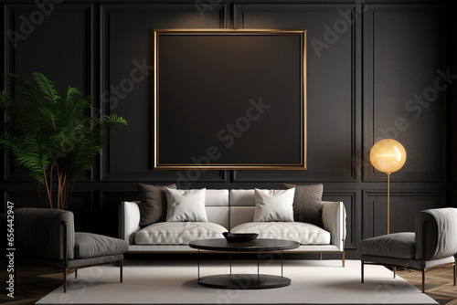 Interior of modern living room with black walls, wooden floor, black sofa with white armchairs and coffee table. Mock up poster frame