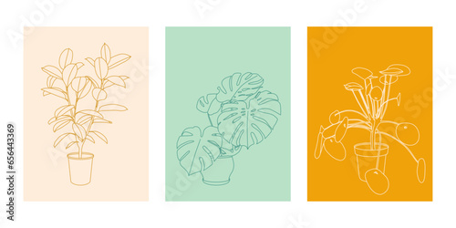 Houseplants line art posters or cards illustration set. Scandinavian cozy home decor silhouette symbols. Flat vector cartoon icon illustrations of house plants isolated.