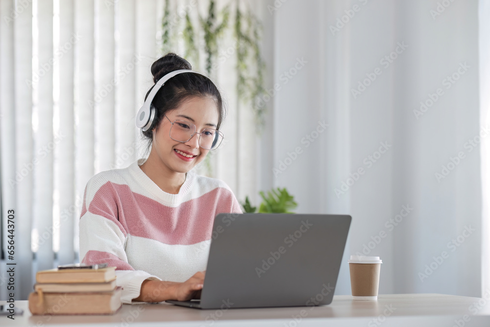 Asian girl student online learning class study online video call teacher, Happy asian girl learn language online with computer laptop Asian girl student online learning class study online video call teacher, Happy asian girl learn language online with computer laptop