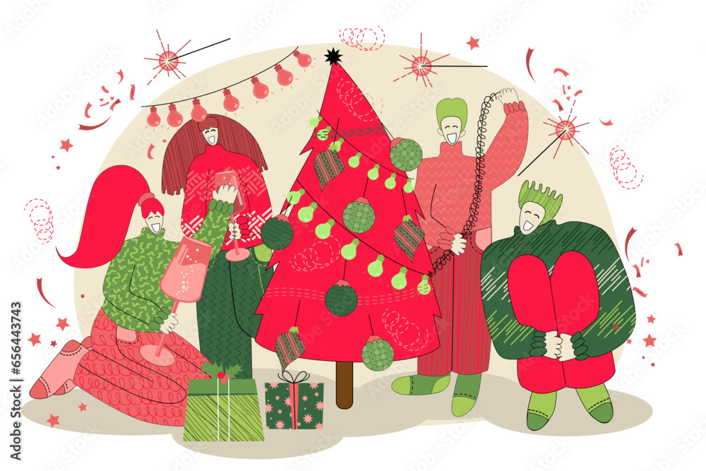 Naklejka premium vector illustration on the theme of Christmas and New Year in flat style. Vector illustration with people celebrating New Year in flat style. Christmas 2024