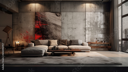 Living room in a design house with a concrete wall as a focal point