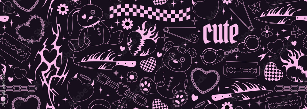 Y2k emo goth seamless banner. Background with old bear and bunny toys, hearts, spikes, tattoo, flame, knife doodles in 2000s style. Black and pink outline glam gothic pattern. Vector design - obrazy, fototapety, plakaty 
