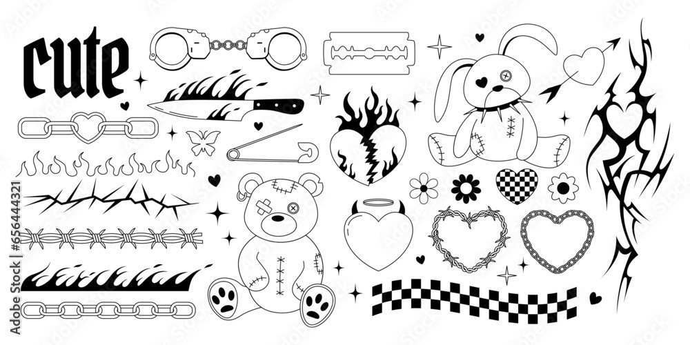 Y2k emo goth outline collection. Old bear and bunny toys, hearts, spikes, tattoo, flame, knife doodles in 2000s style. Black gothic line cliparts. Contour vector illustration