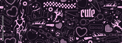 Y2k emo goth seamless banner. Background with old bear and bunny toys, hearts, spikes, tattoo, flame, knife doodles in 2000s style. Black and pink outline glam gothic pattern. Vector design photo