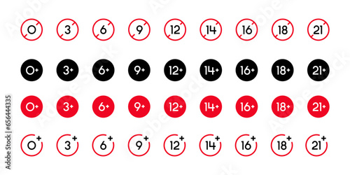 Warnings under age, red and black white badges. Adult content age only. Set of age restriction signs. Mark the age limit. illustration
