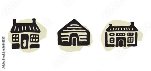 Quirky rural cabin holiday home vector illustration set. Block print real estate graphic for scandi winter scene doodle, whimsy minimal stylized domestic house.