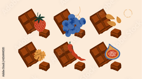 Various chocolate tastes. Dark chocolate with various fruits and nuts. 