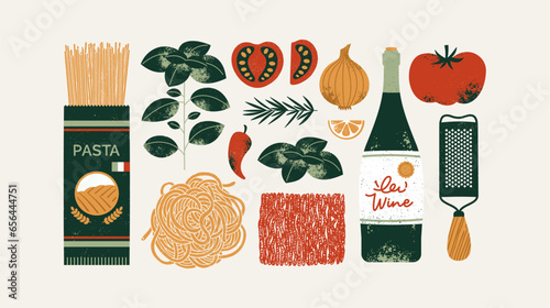 Italian pasta ingredients. Tomato with spaghetti and wine with onion. Vintage style. Vector illustration