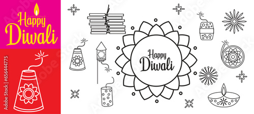 ine vector icon set for graphic Outline diya or deepavali firecrackers, vector fireworks on white. Diya lamp with fire and flower. Happy Diwali, Festival of the Lights in India. sign, symbol. photo