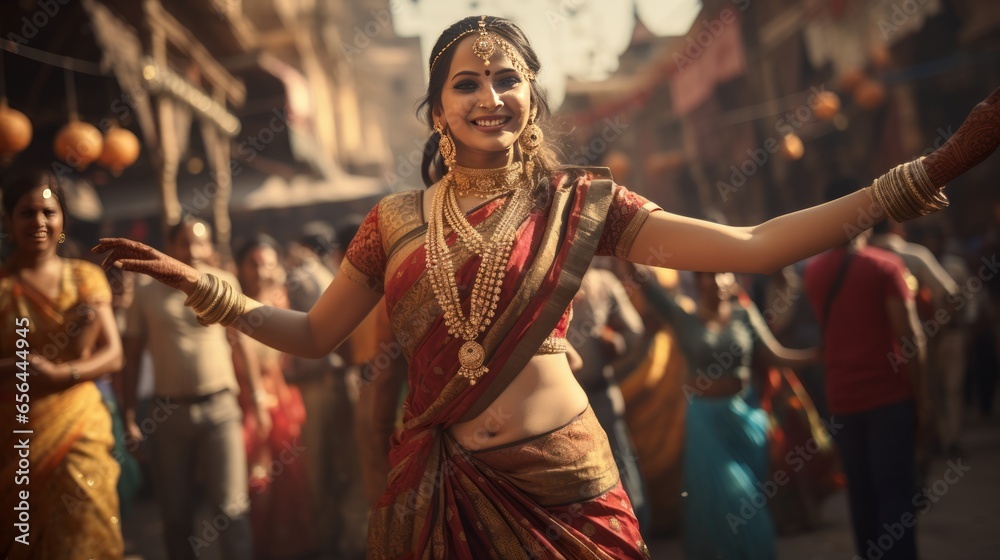 A woman gracefully dancing in a vibrant red and gold sari