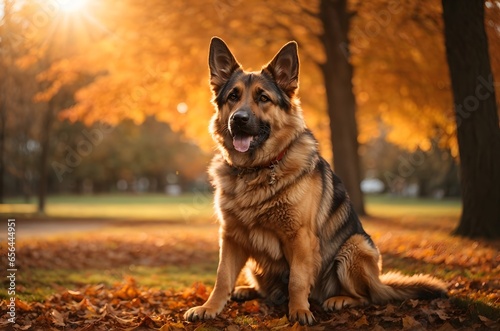 German Shepherd outdoors in a park in autumn season during late autumn sunset with a sun flares in the background. Generative AI.