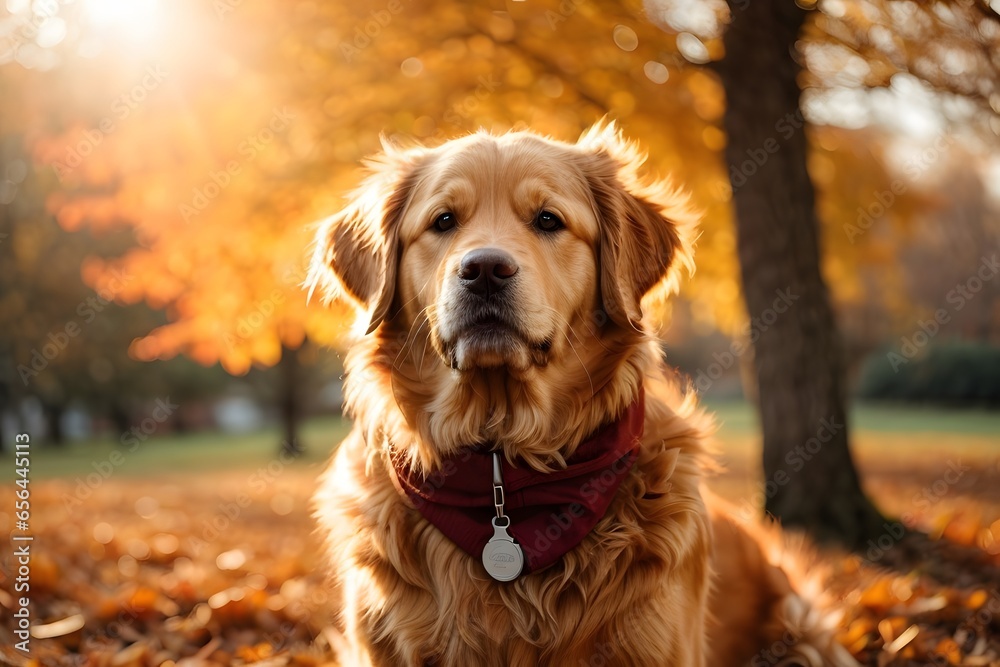 Golden retriever outdoors in a park in autumn season during late autumn sunset with a sun flares in the background. Generative AI.