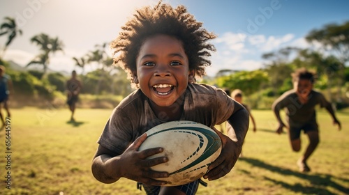 black kid playing rugby and smiling in grass © Samuel