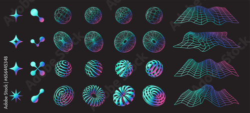 Set of retro abstract 3d shapes and forms, colorful neon geometric y2k objects, vector illustration.