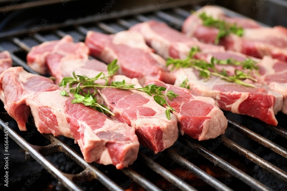 close-up of raw lamb chops on a clean grill close-up of raw lamb chops on a clean grill