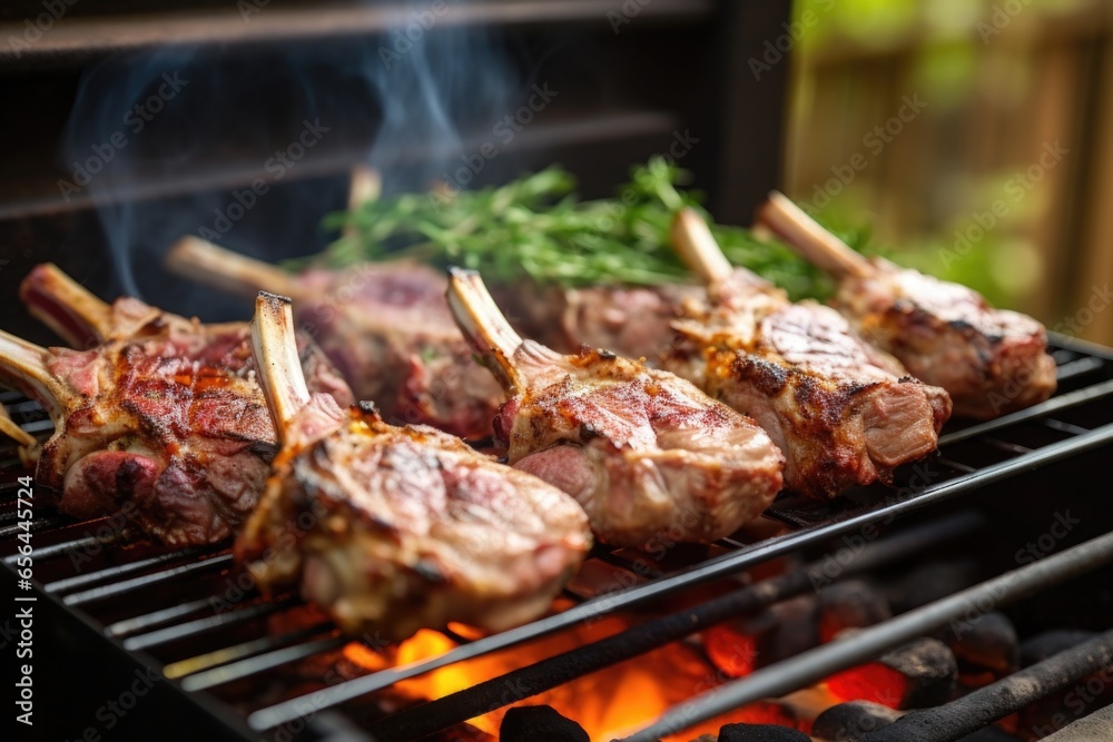 roasting lamb chops on a barbecue positioned on a wooden deck