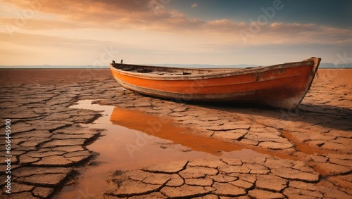cracked landscape with boat . result of global warming and climate change . environment theme