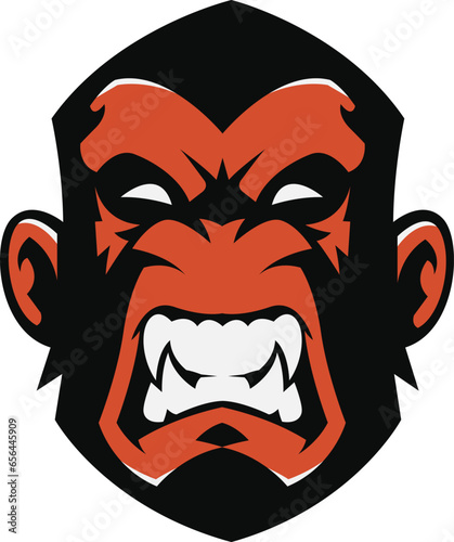 Gorilla logo for a sport team. chimpanzee logo illustration. gibbon mascot design for esport and gaming logo. Dark Red humanoid head emblem. monkey Vector illustration for any kind of graphic design