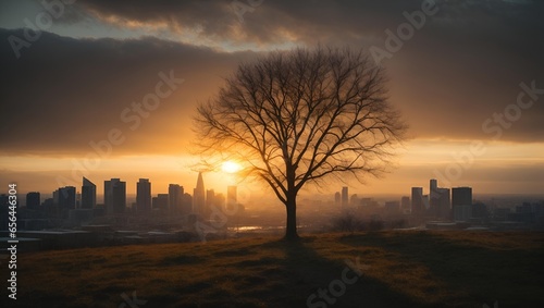dying tree behind Cityscape  with sunset photo