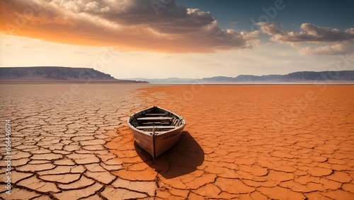 cracked landscape with boat . result of global warming and climate change . environment theme