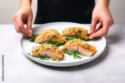 Wallpaper Mural hand arranging baked salmon fillets on a white plate Torontodigital.ca