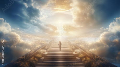 A man ascending a staircase towards a sky full of clouds © mattegg