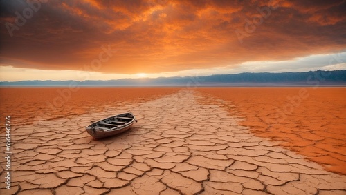 cracked landscape with boat . result of global warming and climate change . environment theme