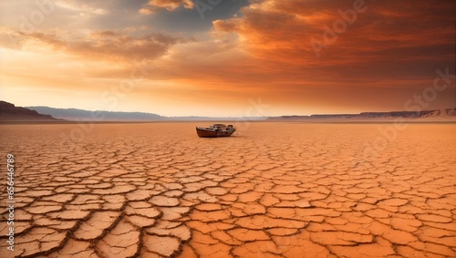 cracked landscape with boat . result of global warming and climate change . environment theme